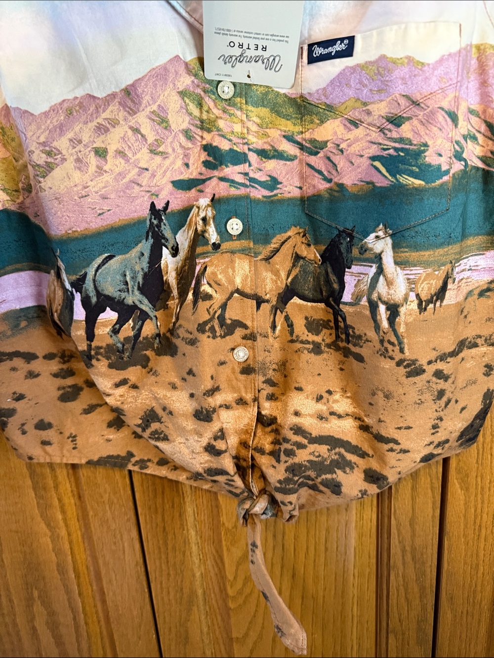 Wrangler Pastel Western Horse Print Tie-Front Crop Top - Blue, Pink, Brown-NWT - Picture 5 of 6